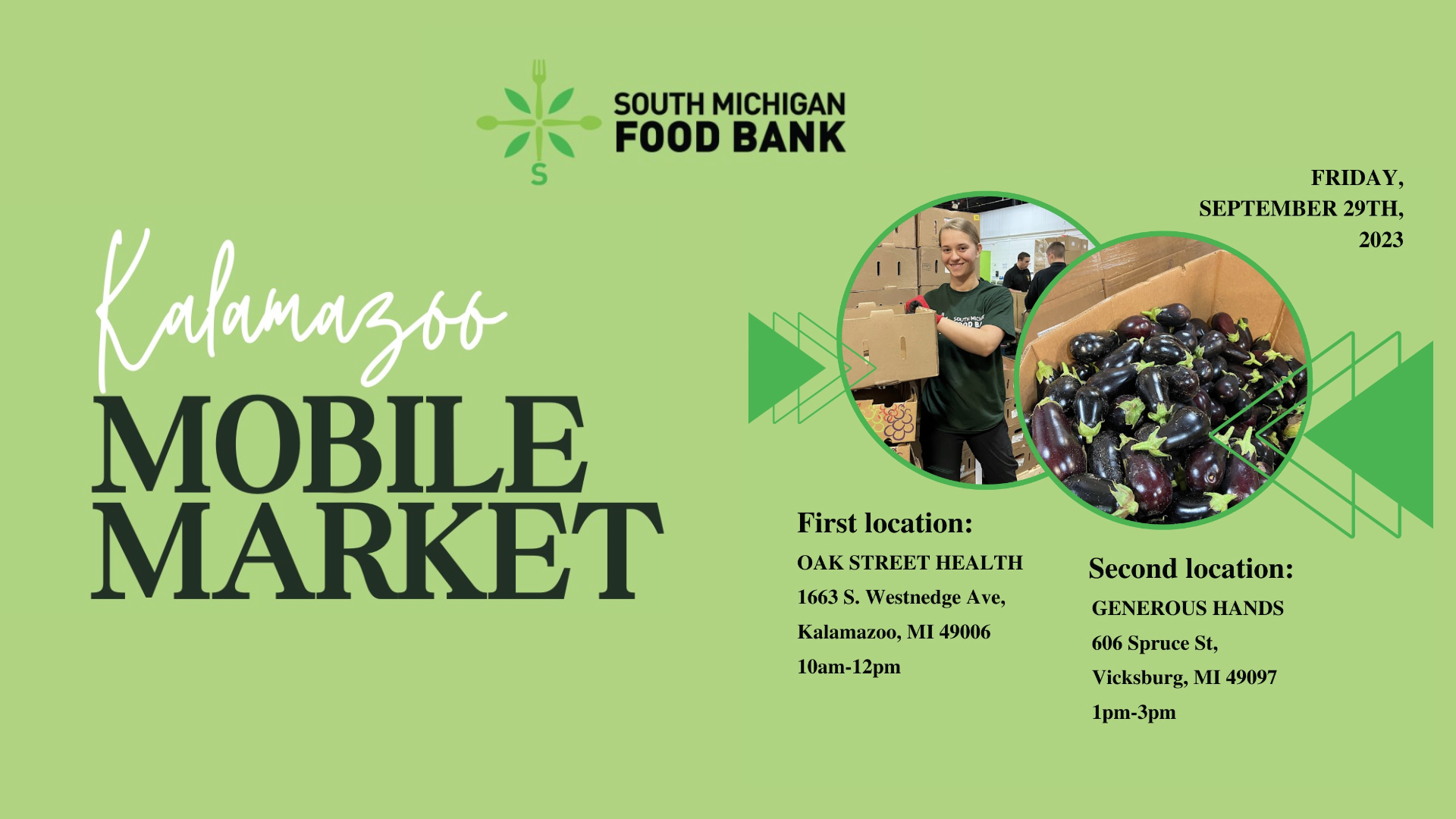 SMFB is having two mobile food distributions on Sept. 29 at Oak Street Health (10am-12pm) and Generous Hands (1-3pm)