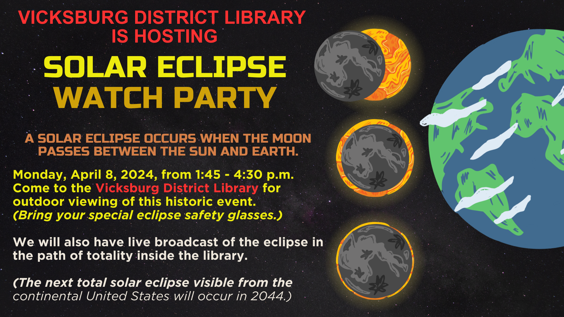 Solar eclipse watch party at the VDL on April 8 from 1:45-4:30pm