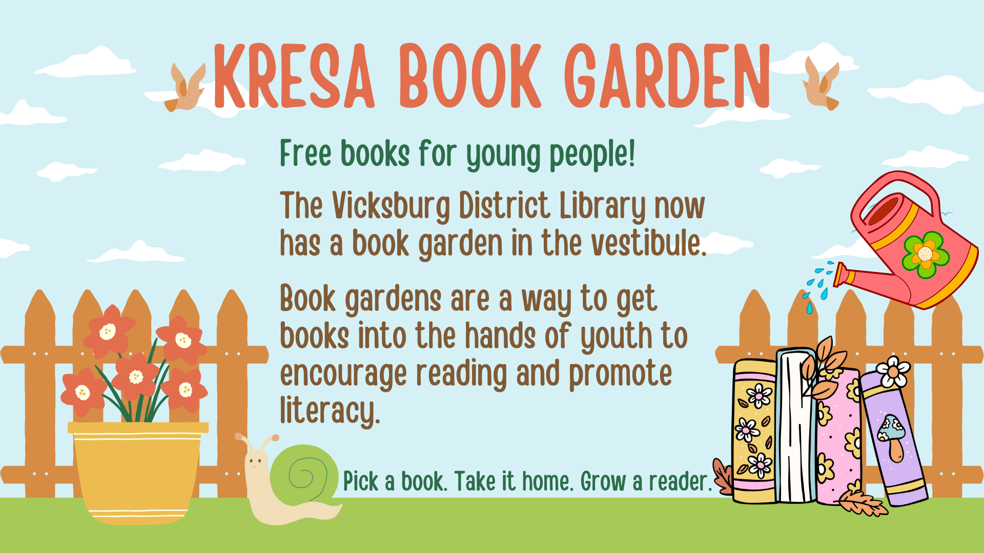 Free books for young people! The VDL has a KRESA book garden in the vestibule. Book gardens are a way to get books into the hands of youth to encourage reading and promote literacy.