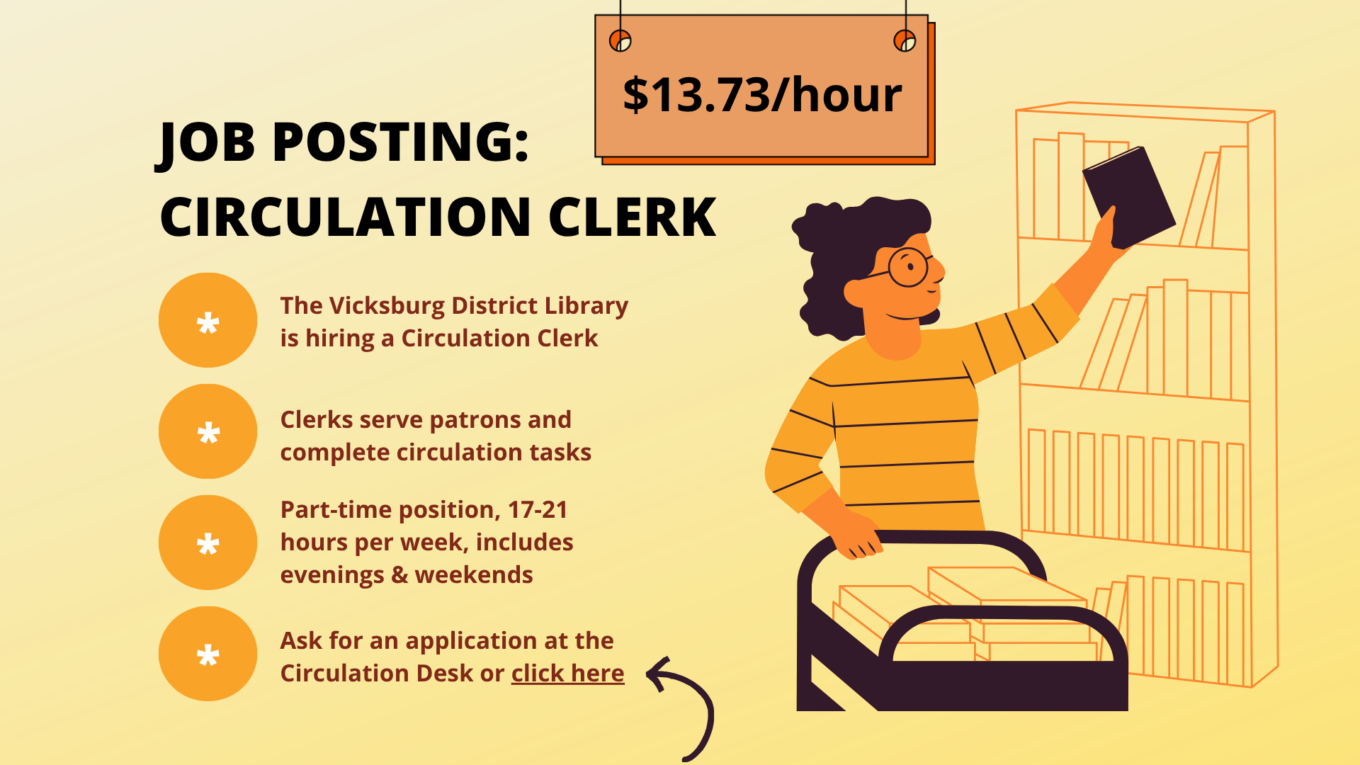 Job posting: Circulation Clerk. $13.73/hr, part-time 17-21hrs/week, includes evenings and weekends. Clerks serve patrons and complete circulation tasks. Ask for an application at the Circulation Desk or click here.