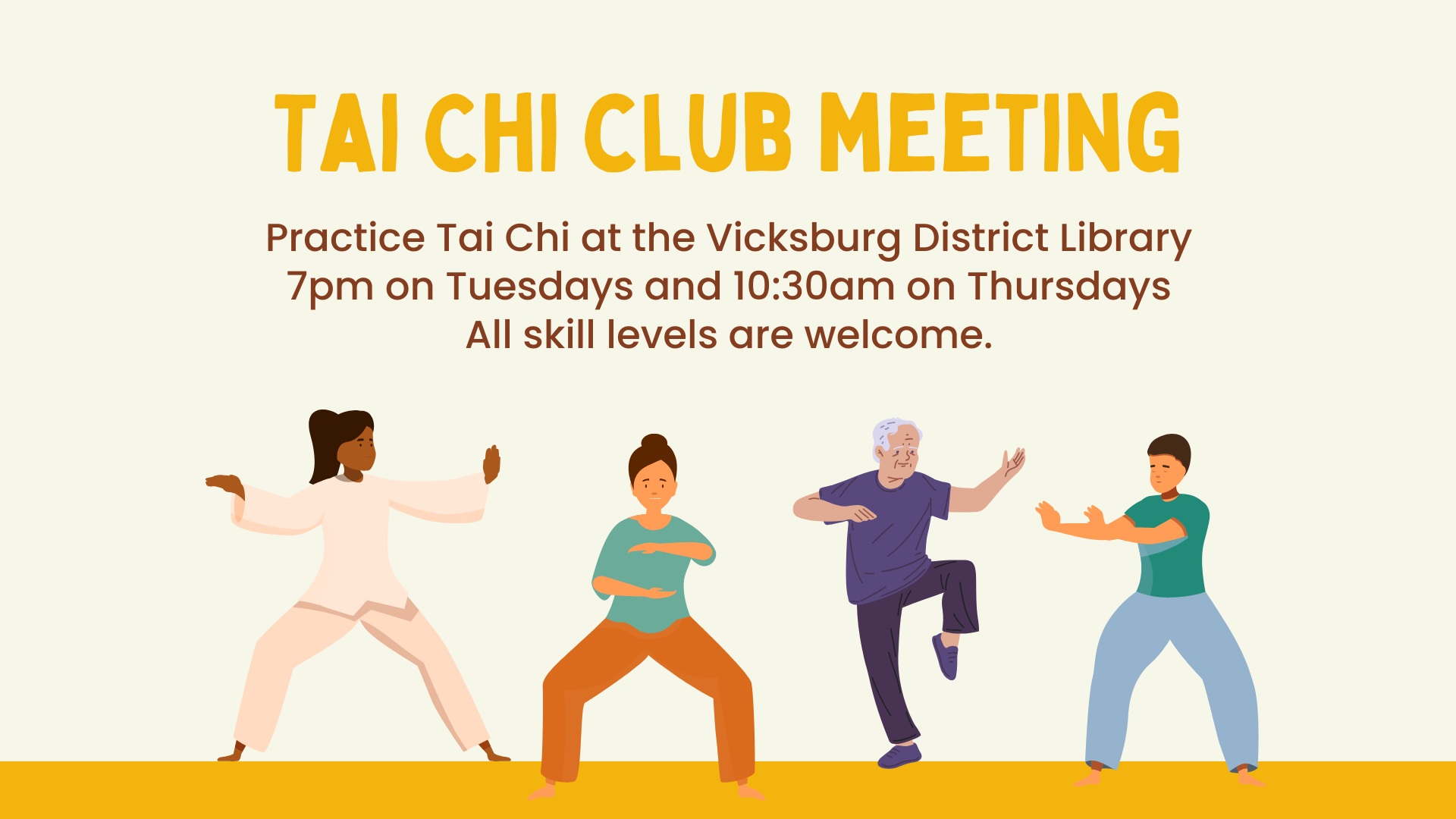 Tai Chi Club Meeting Practice Tai Chi at the VDL at 7pm on Tuesdays and 10:30am on Thursdays. All skill levels are welcome.