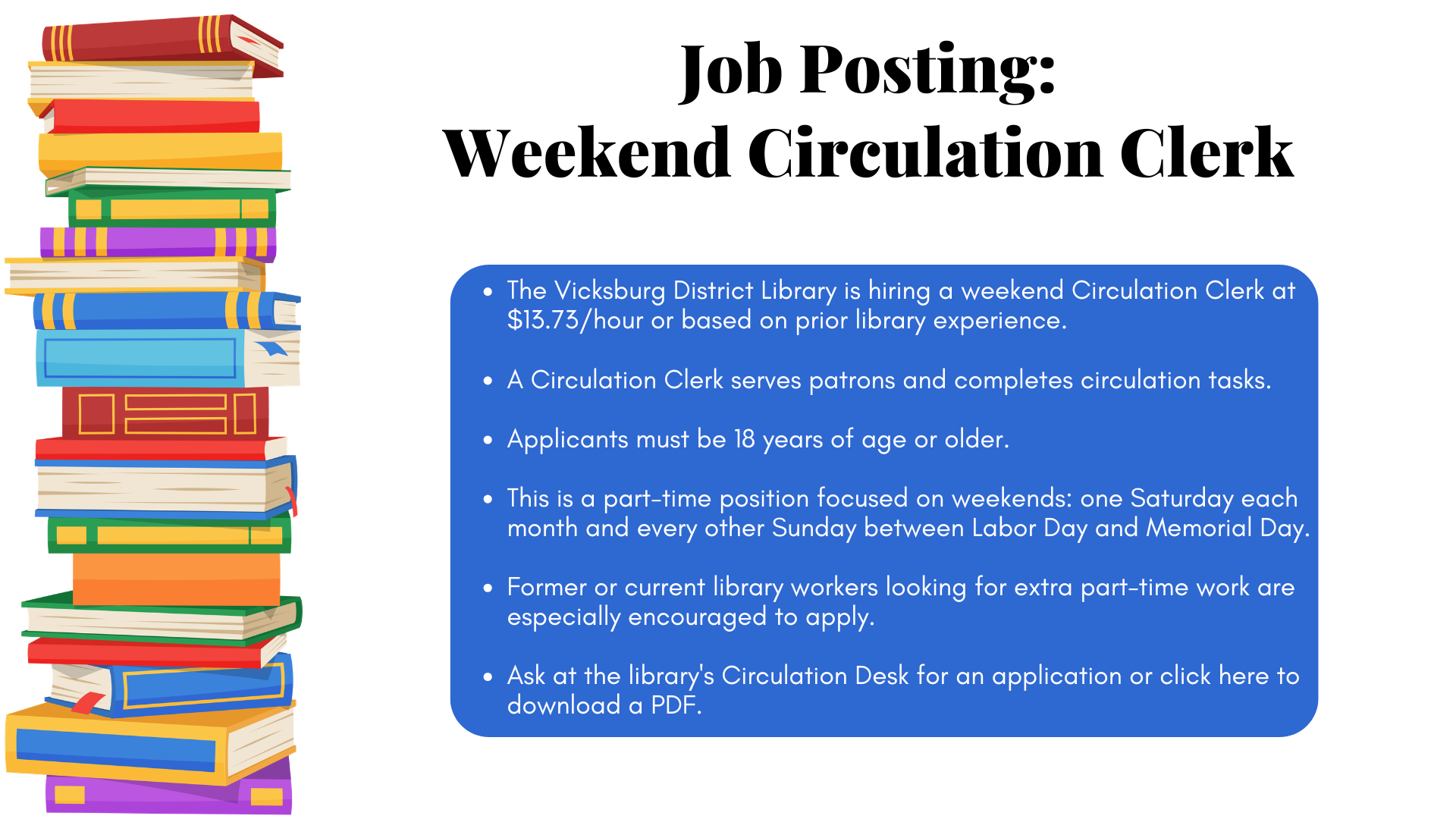 Job posting: Weekend circulation clerk - Summer 2026 Job posting: Weekend circulation clerk