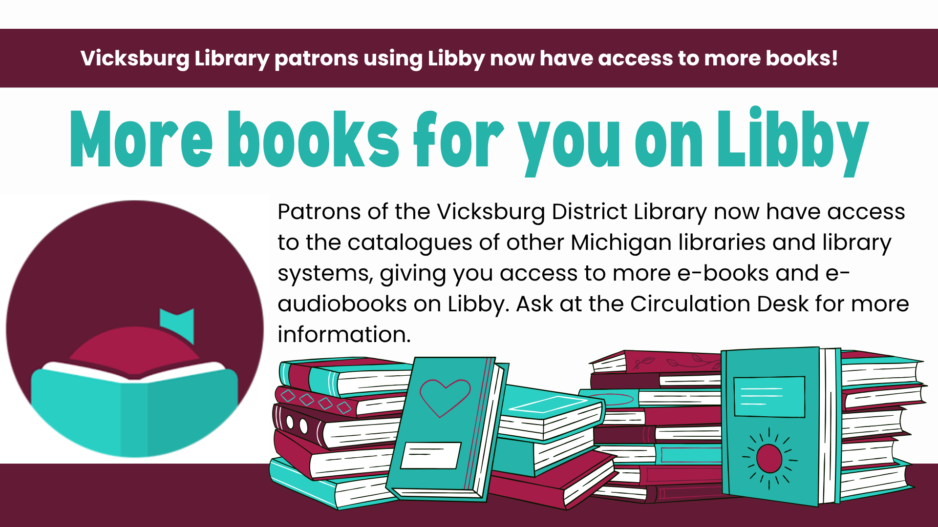 Libby access to other libraries' catalogues Patrons of the VDL now have access to the catalogues of other libraries and library systems, giving you more access to e-books and e-audiobooks on Libby. Ask at the Circulation Desk for more information.